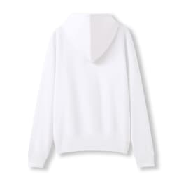 A white women's zip-up hoodie with a hood and long sleeves, featuring a pocket.