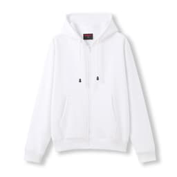 A white women's zip-up hoodie with a hood and front pockets, featuring a logo.