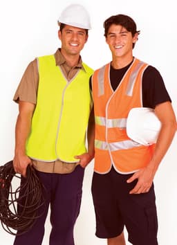 Two men wearing safety vests, one in bright yellow and the other in orange, both with white hard hats.
