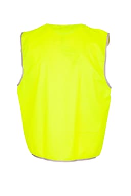 A bright yellow work vest without reflective tape, featuring a simple design and no visible branding.