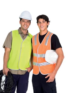Two men wearing high-visibility vests—one lime green and one orange—smiling and holding equipment. Both are in hard hats.