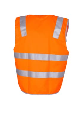 An orange vest with 3M reflective tape, featuring a sleeveless design and a logo on the front.