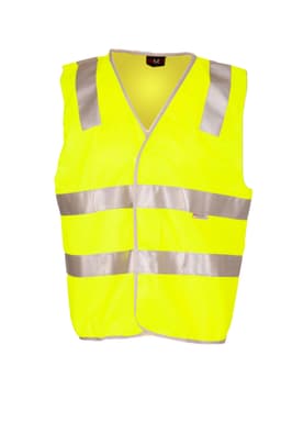 A high-visibility yellow vest featuring grey 3M reflective tape and a logo. Suitable for workwear applications.