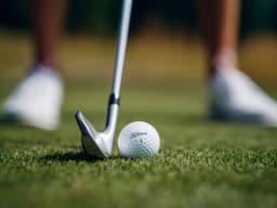 A golf ball sits on the grass, near a silver club, with a blurred background of a golfer's feet.