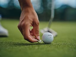 A hand placing a golf tee beside a Titleist golf ball on a green surface. The ball is white and has a branded logo.