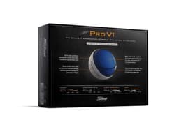 A box containing a dozen Titleist Pro V1 golf balls, featuring a blue and white design with a branded logo.