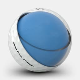 A Titleist Pro V1 golf ball featuring a white exterior and a blue inner core, with a logo present.