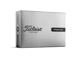 A box of golf balls in silver packaging, featuring a logo and the Titleist Pro V1x branding.