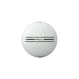 A golf ball in white with black detailing, featuring a logo and lines.