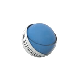 A blue golf ball with a textured white surface and a black band, featuring a logo.
