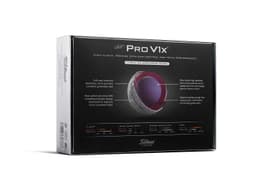 A box of Titleist Pro V1X golf balls featuring a white and silver design with a purple inner colour.