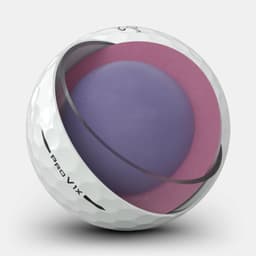 A white Titleist Pro V1X golf ball featuring a distinctive purple core and pink inner layer, with a textured surface.