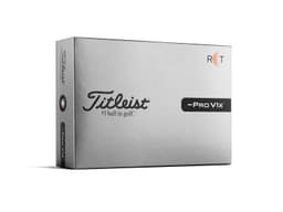 A silver box containing a dozen Titleist Pro V1x golf balls, featuring a logo and sleek design.