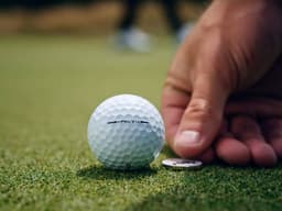 A hand places a white Titleist Pro V1x golf ball on green grass, with a golf marker beside it.