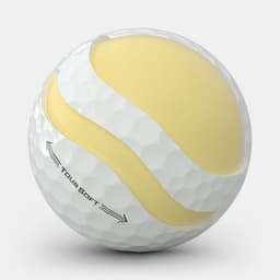 A golf ball in white and yellow, featuring a textured surface and a branding logo.
