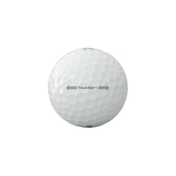 A white golf ball with a textured surface, featuring the word "TourSoft" printed on it. It has a logo as well.