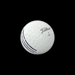 A golf ball in white with blue stripes and a logo, labelled as "1".