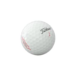 A white golf ball featuring a textured surface, marked with "Titleist" and "1," along with a red stripe, and a logo.