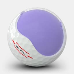 A golf ball with a white textured surface and a purple section, featuring a branding logo.