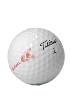 A white golf ball with a textured surface, featuring red accents and a logo.
