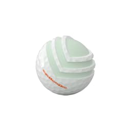 A golf ball in white and green, featuring a layered design and a logo.