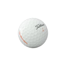A white golf ball featuring dimples, with an orange and black logo design.