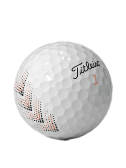 A golf ball in white with a dotted pattern in black and orange, featuring a logo.
