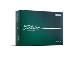 A box of Titleist AVX golf balls in white and green packaging, featuring a logo.