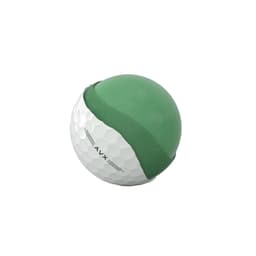 A green and white golf ball with a textured surface and a branding logo.