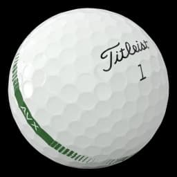 A white golf ball with a patterned surface, featuring a green stripe and a logo.