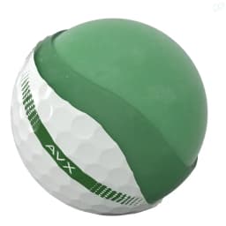 A green and white golf ball with a textured surface and a branding logo.