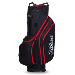 A golf bag in black and red, featuring multiple pockets and a logo. It's designed for easy transport and storage.