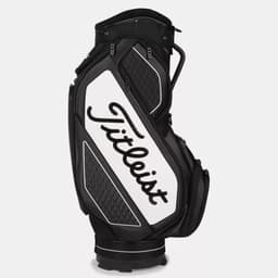 A black and white midsize staff bag with a prominent logo and a textured design.