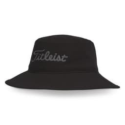 A black bucket hat featuring a logo. Made with waterproof material for durability.