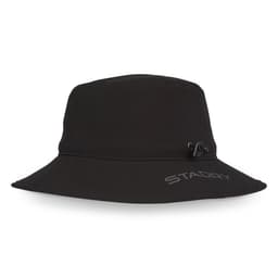 A black bucket hat with a wide brim and a logo, featuring a water-resistant design.