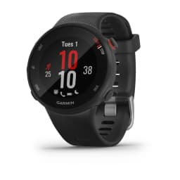 A black Garmin Forerunner 45s watch featuring a round display and various control buttons.