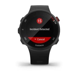 A black Garmin Forerunner 45s watch featuring a digital display with incident detection. It has a textured strap and buttons.