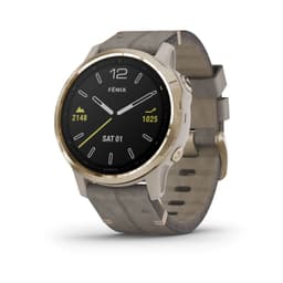 A Garmin fenix 6S Pro watch featuring a light gold-tone case and shale grey leather band.
