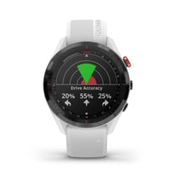 A white Garmin Approach Z82 golf watch with a display showing drive accuracy metrics. The watch has a prominent logo.