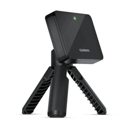 A black Garmin Approach R10 device with a tripod stand, featuring a sleek design and a small indicator light.
