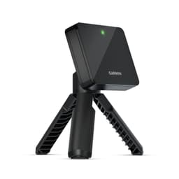 A portable black device on a tripod, featuring a small green light and a logo.