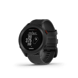 A smartwatch in black with a digital display, featuring golf-related information and a logo on the side.