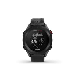 A black Garmin Approach S12 golf watch with a round face displaying a golf hole layout and distance measurements.