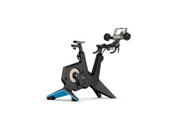 A black and blue Garmin Tacx NEO Bike Plus Trainer with a mount for a device and sleek design.