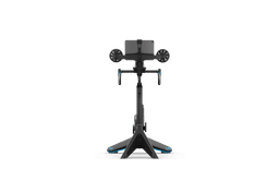 A black indoor bike trainer with blue accents and a mount for a device, designed for cycling training.