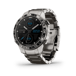 A silver stainless steel watch with a black dial, featuring a digital display and a logo.