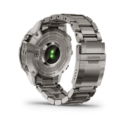 A stainless steel smartwatch with a metal bracelet, featuring a green sensor on the back and a brand logo.
