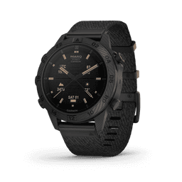 A stylish black Garmin Marq Commander (gen 2) Carbon Edition watch with a textured strap and a digital display.