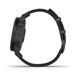 A side view of the Garmin Marq Commander (gen 2) Carbon Edition watch featuring a black strap and carbon finish.