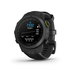 A black smart watch featuring a round display with metrics and a sporty design, equipped with a logo.